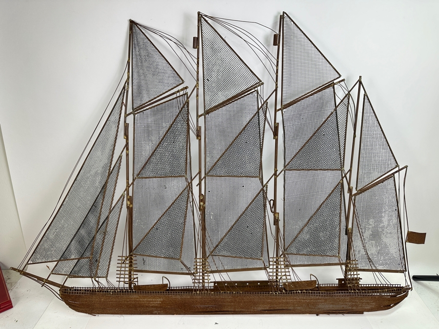 Vintage Rustic Metal Sailing Ship Wall Sculpture Attributed To Curtis Jere 43W X 30H [Photo 2]