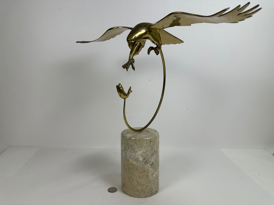 Brass Hawk Eagle Diving For Fish On Marble Base 19W X 17H [Photo 5]