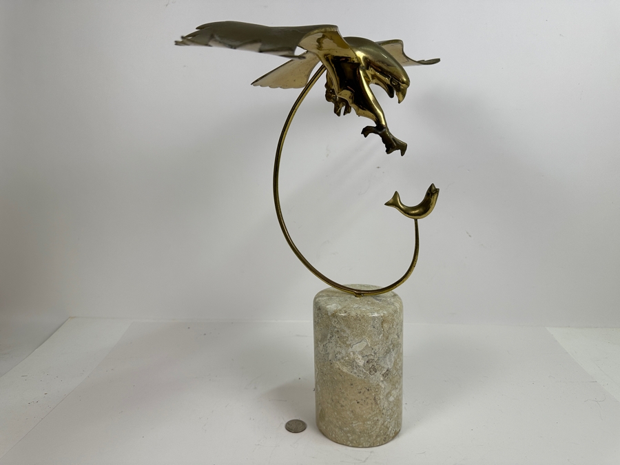 Brass Hawk Eagle Diving For Fish On Marble Base 19W X 17H [Photo 8]