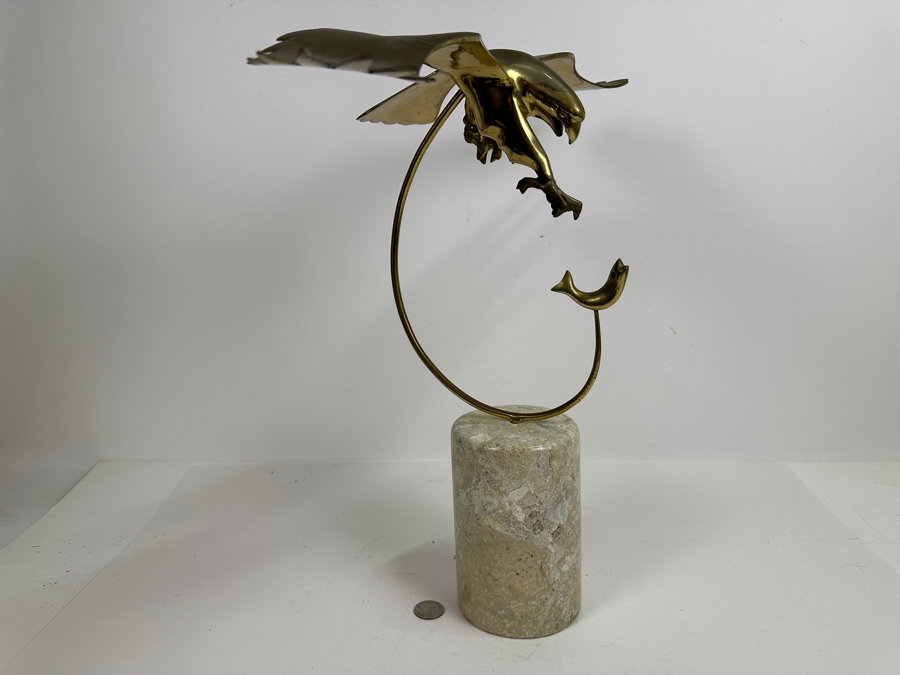 Brass Hawk Eagle Diving For Fish On Marble Base 19W X 17H [Photo 7]