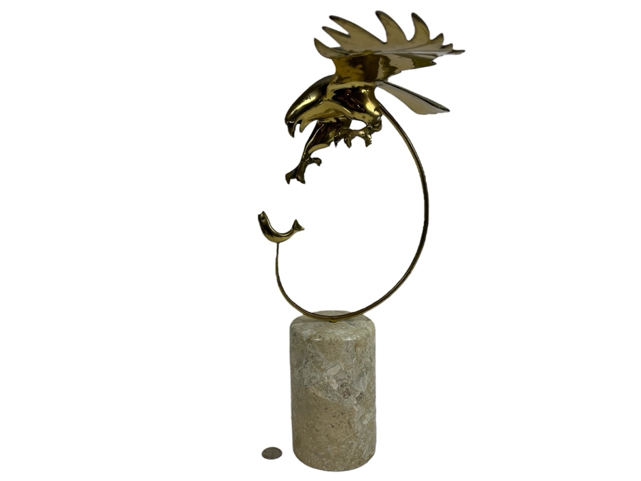 Brass Hawk Eagle Diving For Fish On Marble Base 19W X 17H