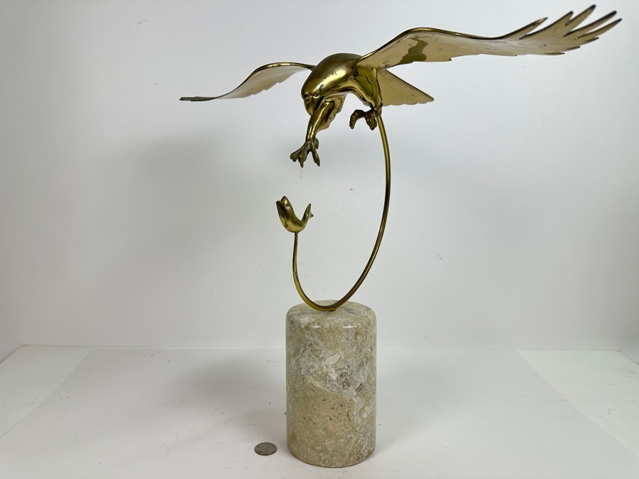 Brass Hawk Eagle Diving For Fish On Marble Base 19W X 17H [Photo 6]