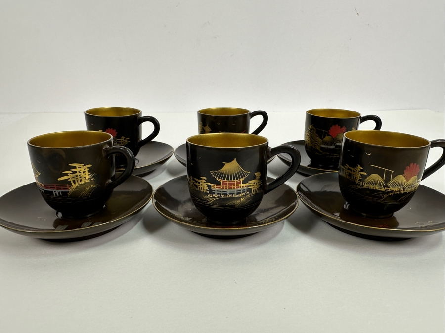 Set Of Six Vintage Japanese Lacquer Tea Cups With Saucers [Photo 2]