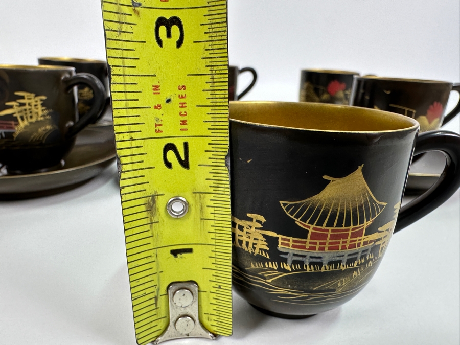 Set Of Six Vintage Japanese Lacquer Tea Cups With Saucers [Photo 5]