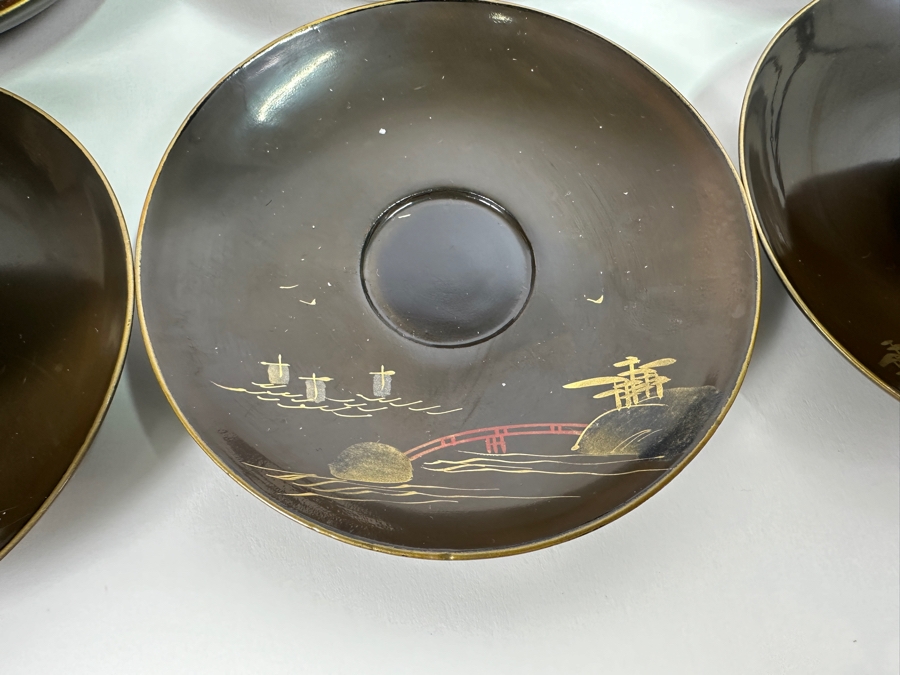 Set Of Six Vintage Japanese Lacquer Tea Cups With Saucers [Photo 6]