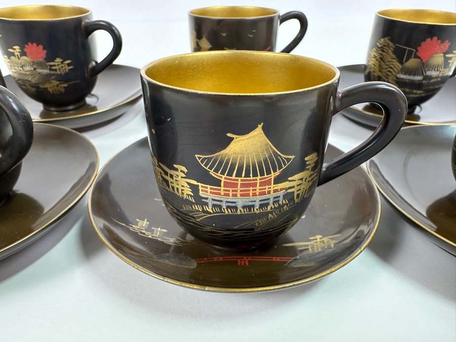 Set Of Six Vintage Japanese Lacquer Tea Cups With Saucers [Photo 3]