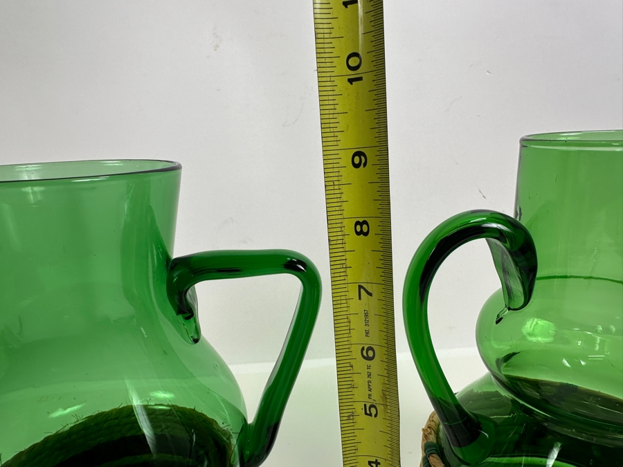 Pair Of Vintage Green Glass Pitchers 9H [Photo 3]