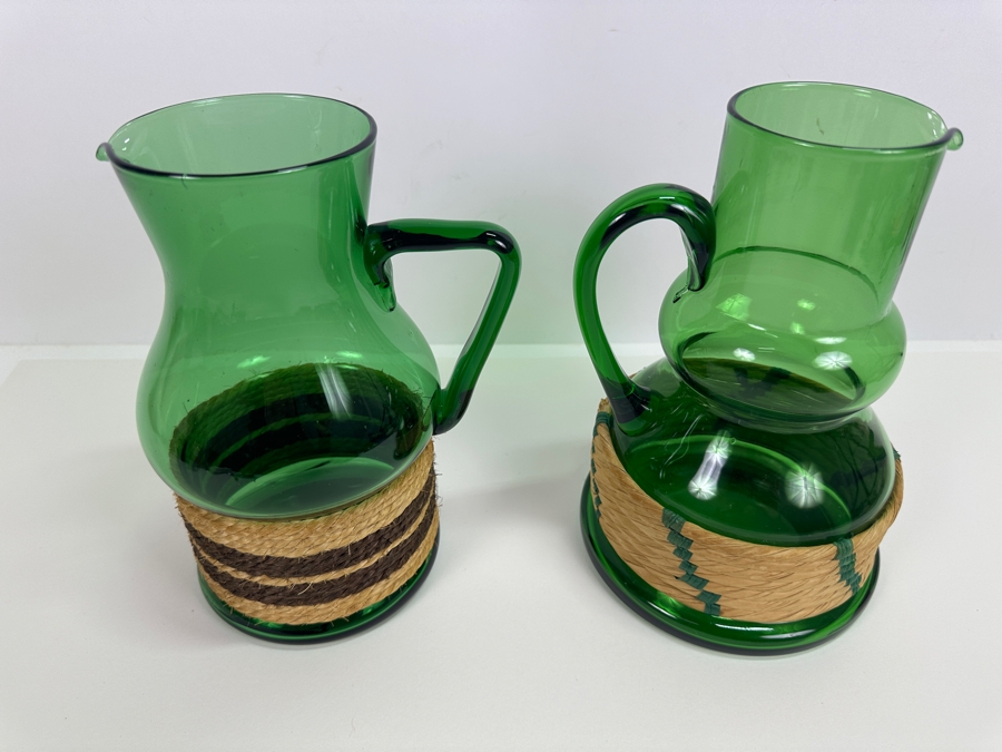 Pair Of Vintage Green Glass Pitchers 9H [Photo 2]