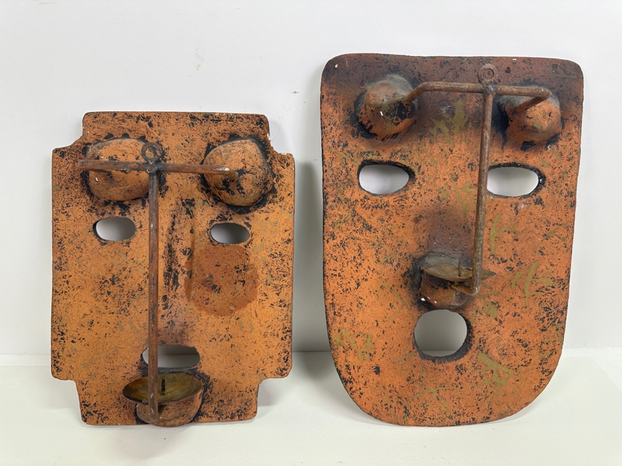 Pair Of Vintage Terracotta Candle Wall Masks 11H & 13H [Photo 3]
