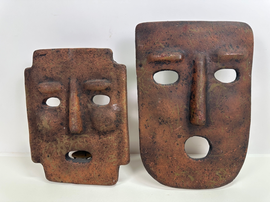 Pair Of Vintage Terracotta Candle Wall Masks 11H & 13H [Photo 2]