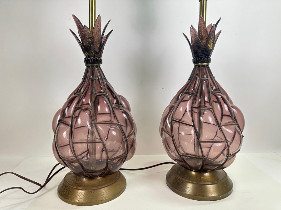 Pair Of Vintage Italian Murano Glass Pineapple Lamps (One Lamp Has Piece Missing From The Top Of The Pineapple - See Photos) 35H [Photo 2]