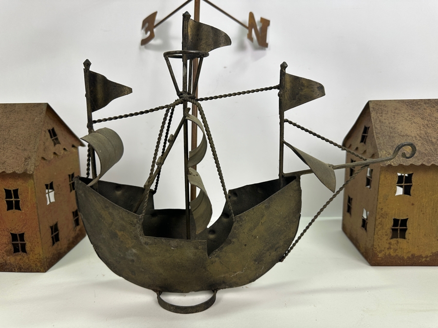 Brass Ship, Pair Of Metal Houses Candle Holders And Metal Motorcycle Weather Vane 27H [Photo 2]