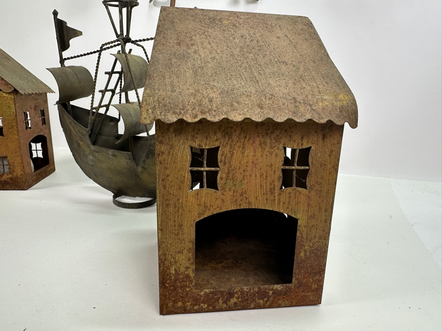 Brass Ship, Pair Of Metal Houses Candle Holders And Metal Motorcycle Weather Vane 27H [Photo 4]