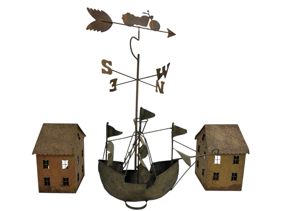 Brass Ship, Pair Of Metal Houses Candle Holders And Metal Motorcycle Weather Vane 27H [Photo 1]