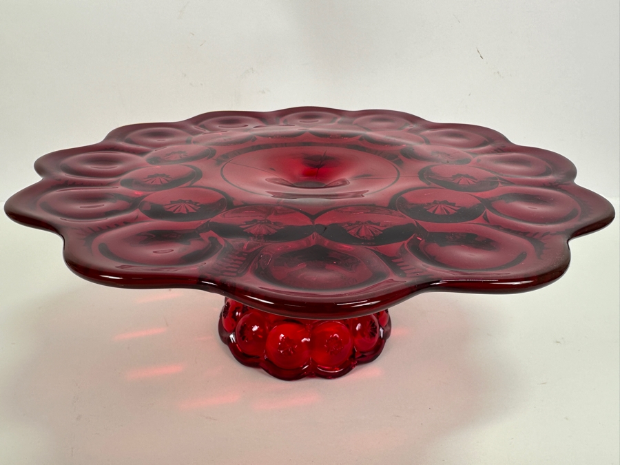 L E Smith Moon & Star Ruby Red Glass Cake Stand 13W X 5H [Photo 3]