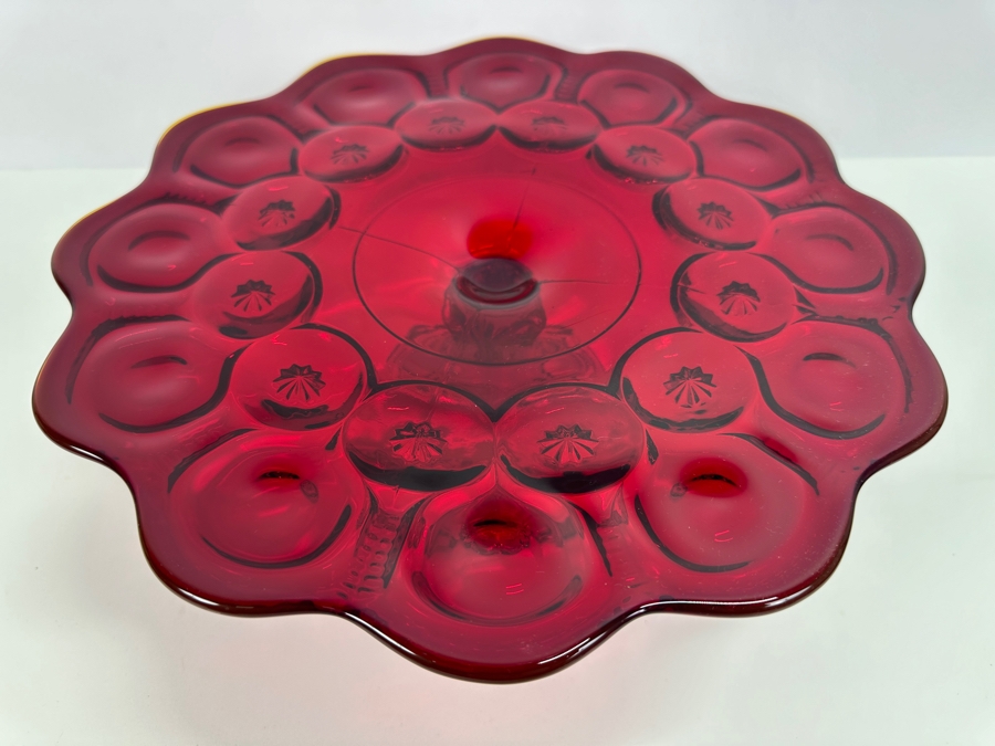 L E Smith Moon & Star Ruby Red Glass Cake Stand 13W X 5H [Photo 4]