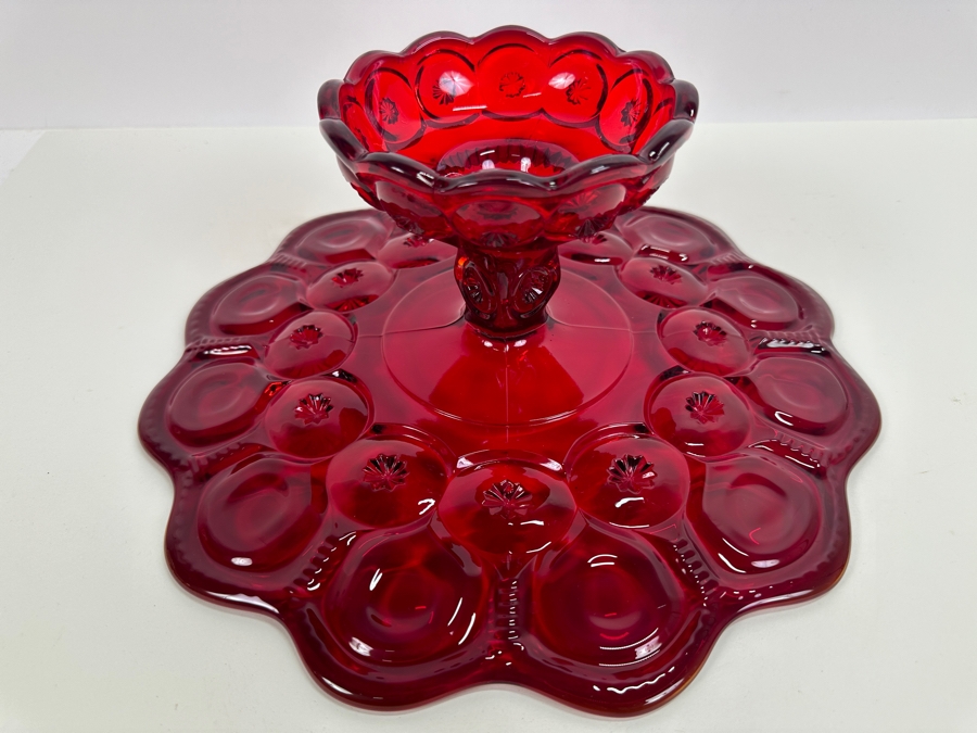 L E Smith Moon & Star Ruby Red Glass Cake Stand 13W X 5H [Photo 8]