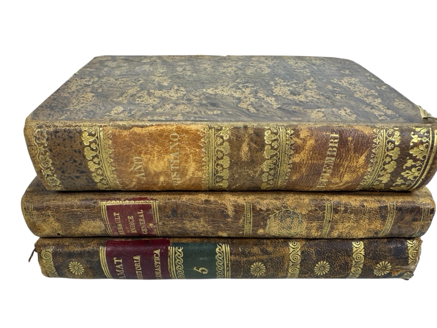 Three Antique Hardcover Christian Books: 1806 Treaty Of The Church Of Jesus Christ, 6 Ecclesiastical History By The Lord Don Felix Amat Volume 5, 1808 Volume 25 And 1854 Devotional Exercises For Every Day Of The Year By Father John Croisset [Photo 2]