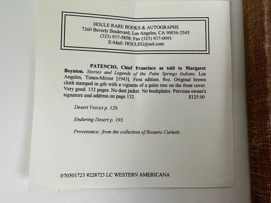 1943 First Edition Hardcover Book Stories And Legends Of The Palm Springs Indians By Chief Francisco Patencio With Original Receipt From Houle Rare Books & Autographs [Photo 3]