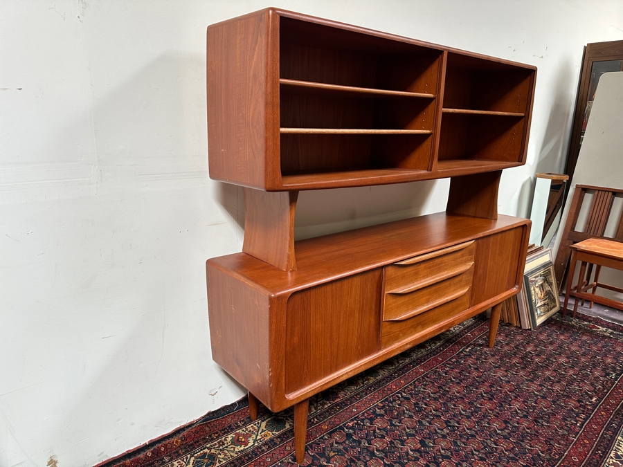 Danish Teak Sideboard Credenza With Matching Hutch And Tambour Doors Attributed To H.P. Hansen 75W X 18D X 65.5H - Has Glass Sliding Doors (See Photos) [Photo 5]
