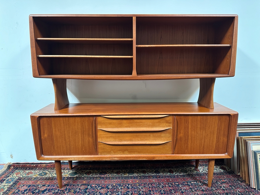 Danish Teak Sideboard Credenza With Matching Hutch And Tambour Doors Attributed To H.P. Hansen 75W X 18D X 65.5H - Has Glass Sliding Doors (See Photos) [Photo 3]