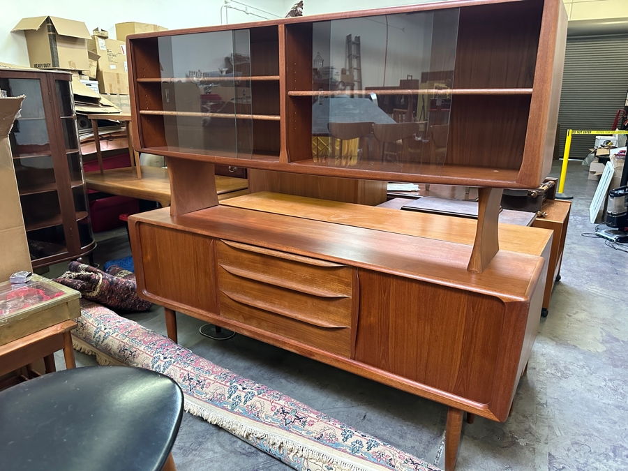 Danish Teak Sideboard Credenza With Matching Hutch And Tambour Doors Attributed To H.P. Hansen 75W X 18D X 65.5H - Has Glass Sliding Doors (See Photos) [Photo 2]