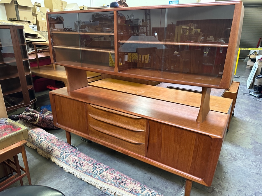 Danish Teak Sideboard Credenza With Matching Hutch And Tambour Doors Attributed To H.P. Hansen 75W X 18D X 65.5H - Has Glass Sliding Doors (See Photos) [Photo 15]
