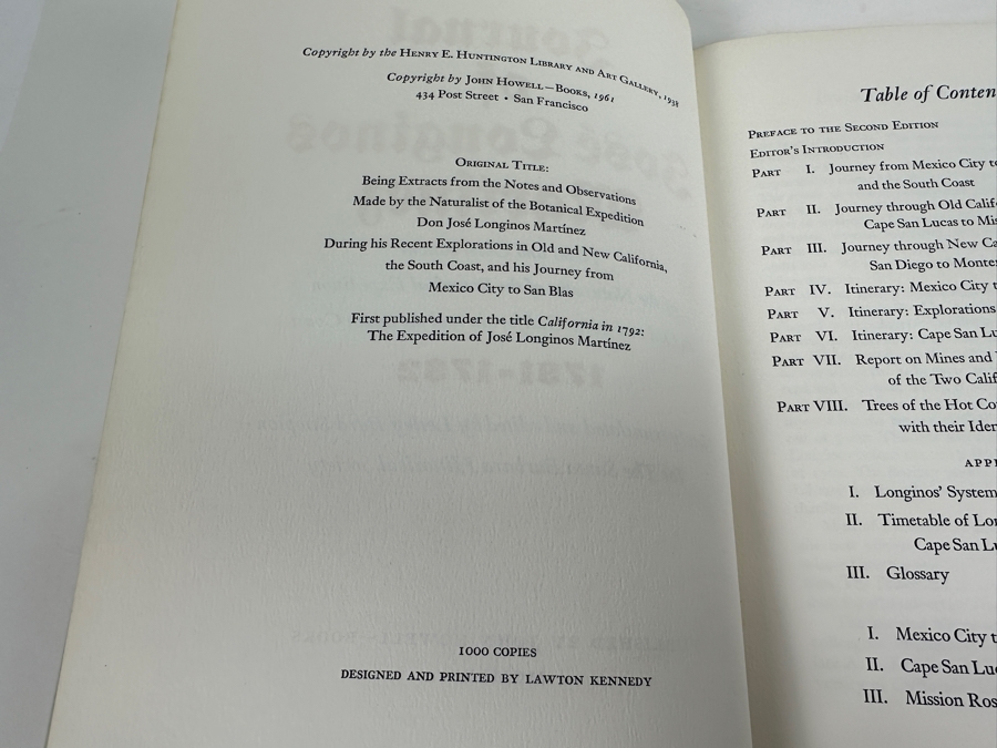 First Limited Edition (1,000 Copies) Hardcover Book Journal Of Jose Longino Martinez 1791-1792 Published By John Howell Books 1961 [Photo 4]