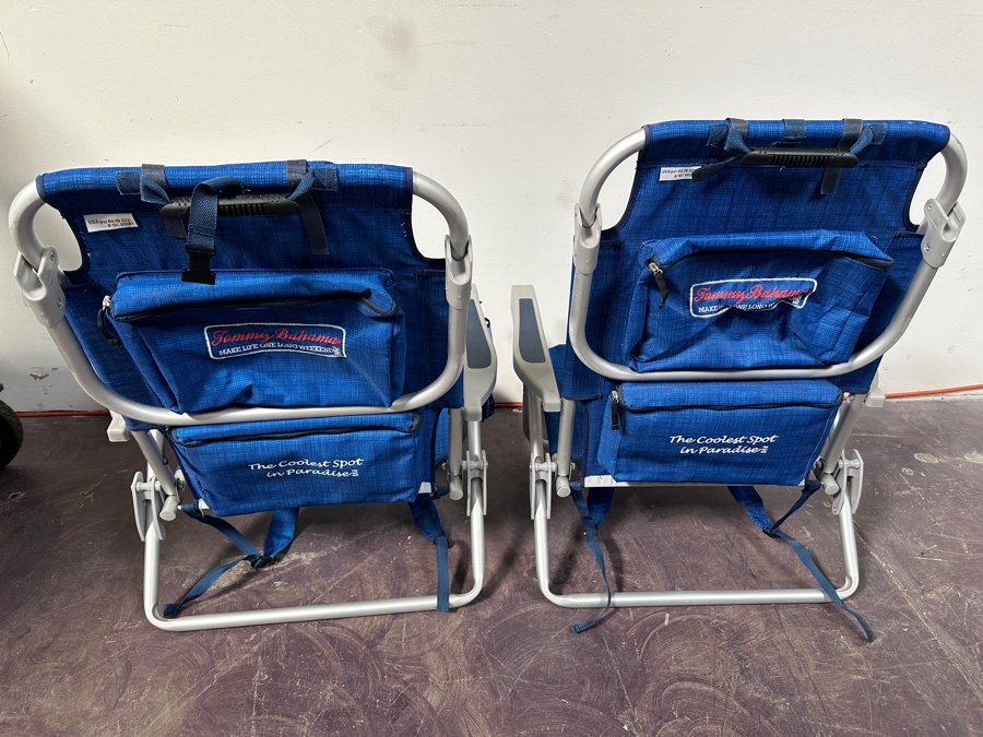 Pair Of Tommy Bahama Portable Folding Backpack Beach Chairs And Folding Rolling Cart [Photo 5]