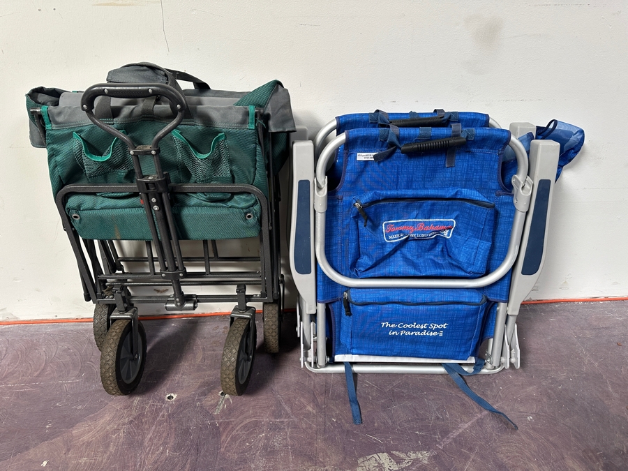 Pair Of Tommy Bahama Portable Folding Backpack Beach Chairs And Folding Rolling Cart [Photo 6]
