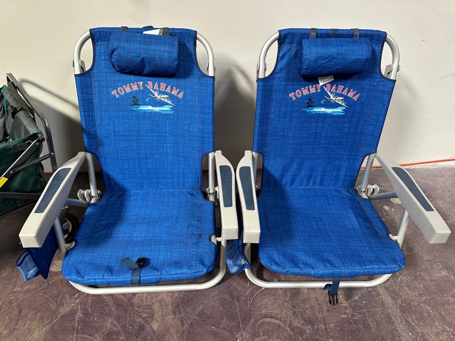 Pair Of Tommy Bahama Portable Folding Backpack Beach Chairs And Folding Rolling Cart [Photo 2]