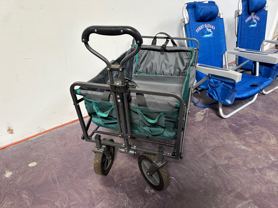 Pair Of Tommy Bahama Portable Folding Backpack Beach Chairs And Folding Rolling Cart [Photo 4]