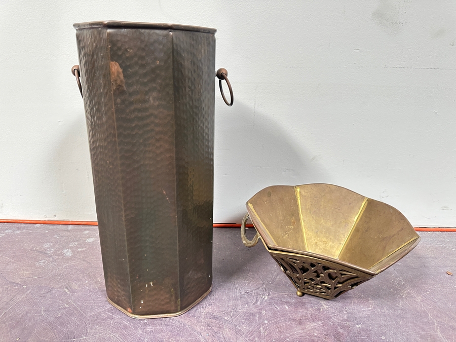 Just Added - Brass Umbrella Holder Stand 19H And Brass Footed Bowl [Photo 2]