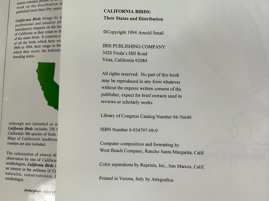 Just Added - Pair Of First Edition Hardcover Books: California Birds: Their Status And Distribution By Arnold Small 1994 And San Diego County Bird Atlas By Philip Unitt 2004 [Photo 9]