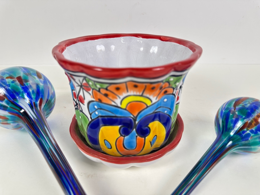 Just Added - Small Hand Painted Flower Pot 6W With Pair Of Glass Watering Bulbs [Photo 2]