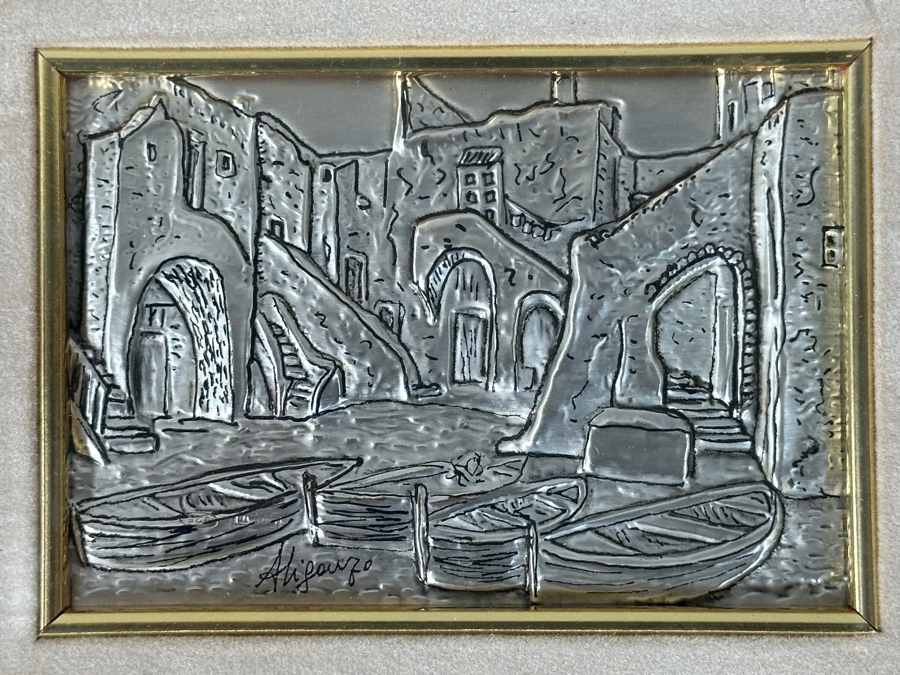 Just Added - Italian Hand Painted 925 Sterling Silver Picture Titled 'Boats On The Beach' Framed 10 X 9 [Photo 2]