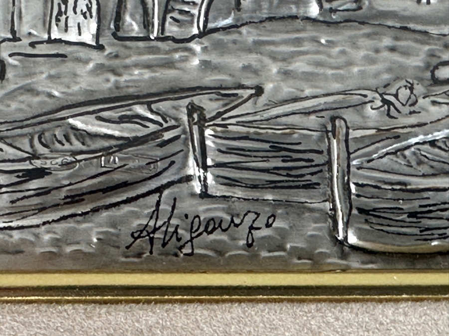 Just Added - Italian Hand Painted 925 Sterling Silver Picture Titled 'Boats On The Beach' Framed 10 X 9 [Photo 3]