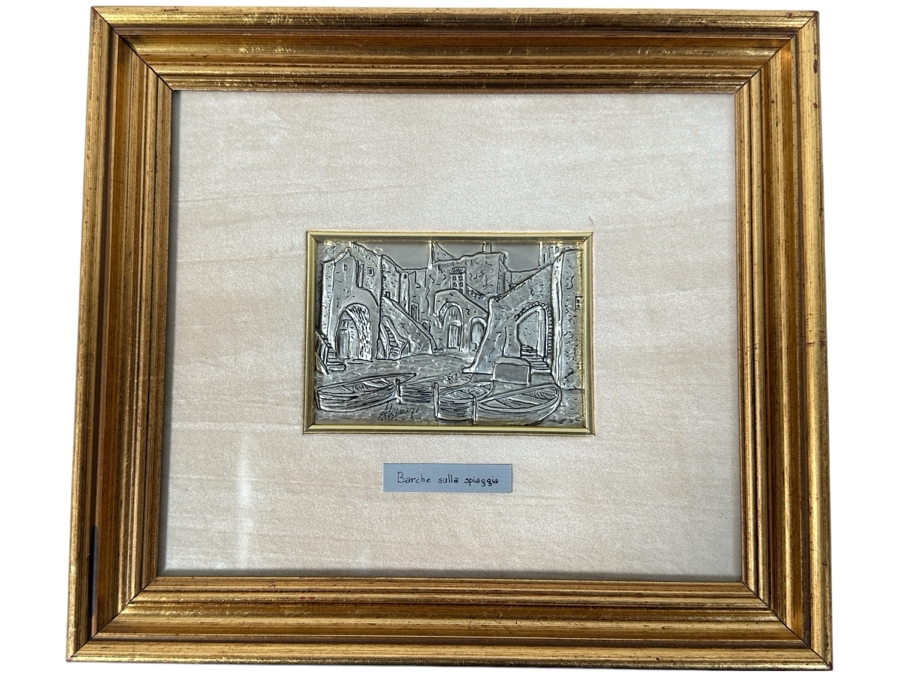 Just Added - Italian Hand Painted 925 Sterling Silver Picture Titled 'Boats On The Beach' Framed 10 X 9 [Photo 1]