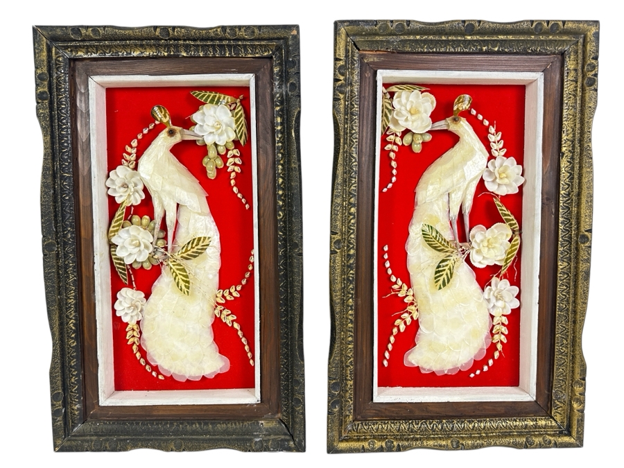 Just Added - Pair Of Organic Capiz Seashell Sculptural Bird Artwork Panels Wall Decor Framed 12 X 20 [Photo 1]