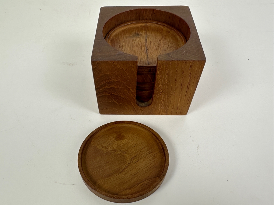 Just Added - Mid-Century Modern SAAP Denmark Teak Coasters With Holder 3.75W X 3.75D X 2.75H [Photo 2]
