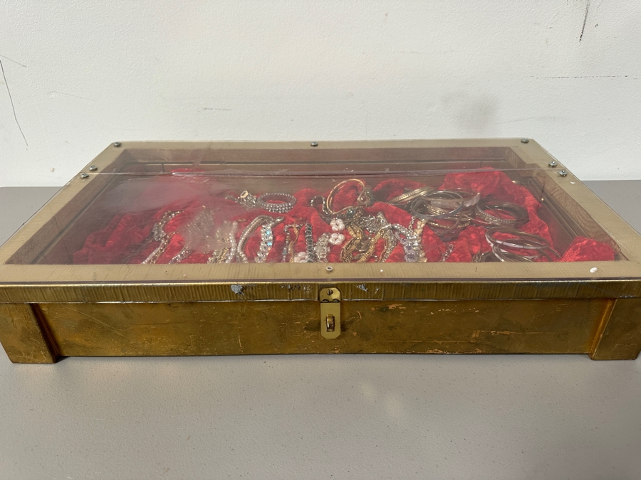 Just Added - Assortment Of Costume Jewelry Bracelets - Includes Gold Painted Wooden Display Case 25W X 14D X 4H [Photo 13]