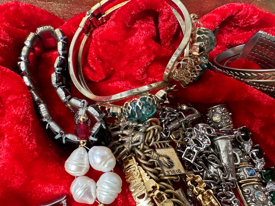 Just Added - Assortment Of Costume Jewelry Bracelets - Includes Gold Painted Wooden Display Case 25W X 14D X 4H [Photo 8]