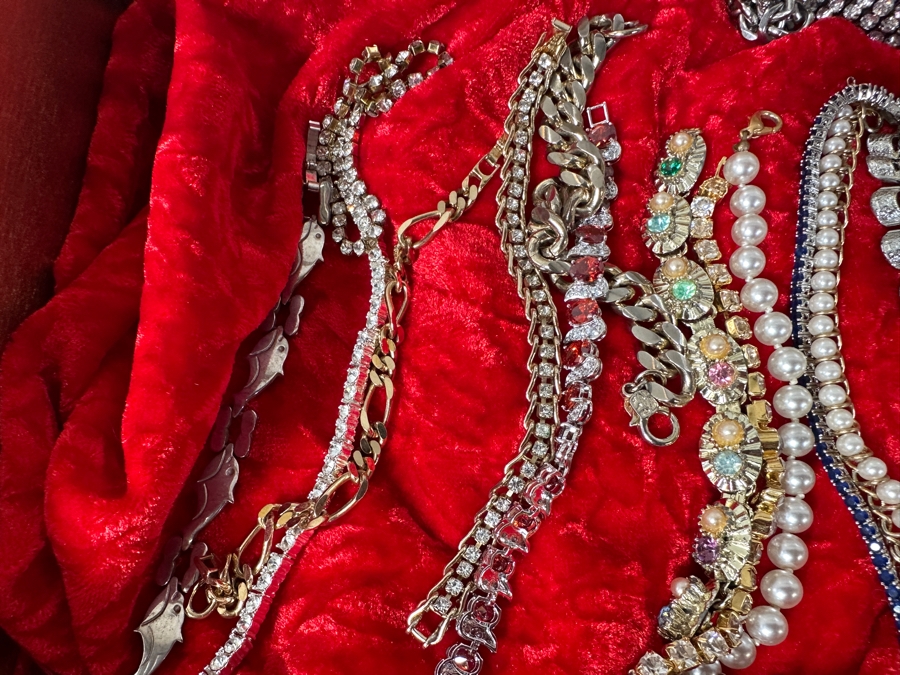 Just Added - Assortment Of Costume Jewelry Bracelets - Includes Gold Painted Wooden Display Case 25W X 14D X 4H [Photo 3]