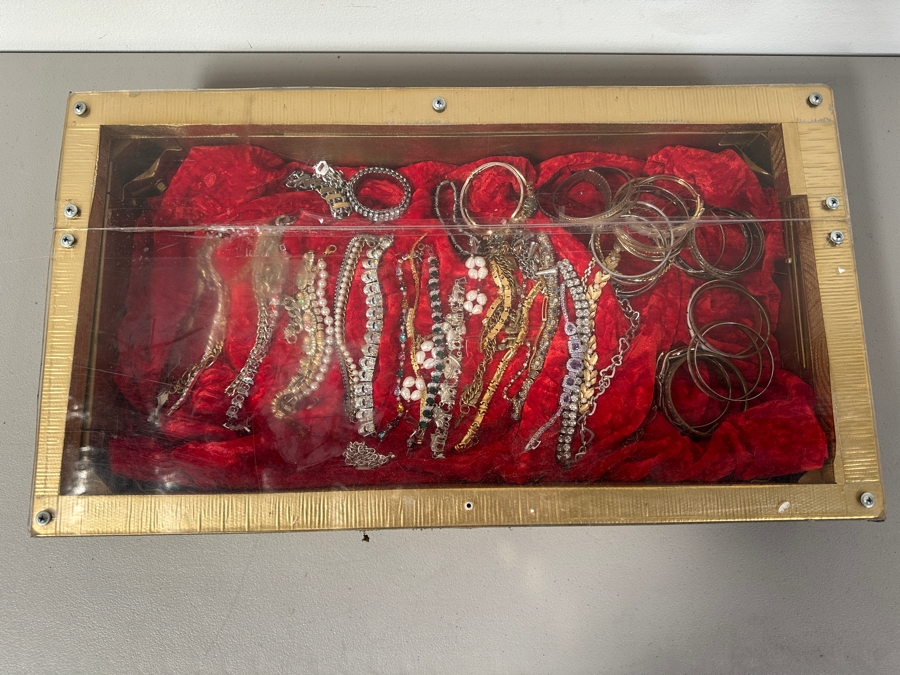 Just Added - Assortment Of Costume Jewelry Bracelets - Includes Gold Painted Wooden Display Case 25W X 14D X 4H [Photo 2]