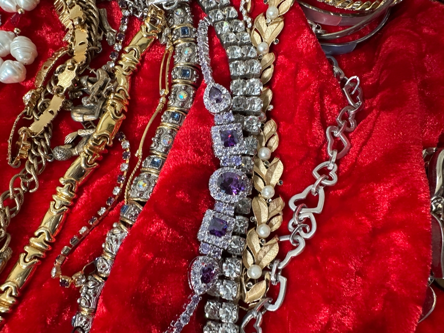 Just Added - Assortment Of Costume Jewelry Bracelets - Includes Gold Painted Wooden Display Case 25W X 14D X 4H [Photo 9]