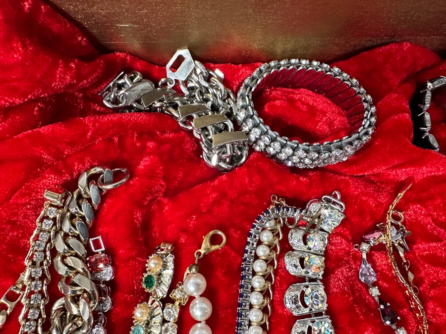 Just Added - Assortment Of Costume Jewelry Bracelets - Includes Gold Painted Wooden Display Case 25W X 14D X 4H [Photo 4]