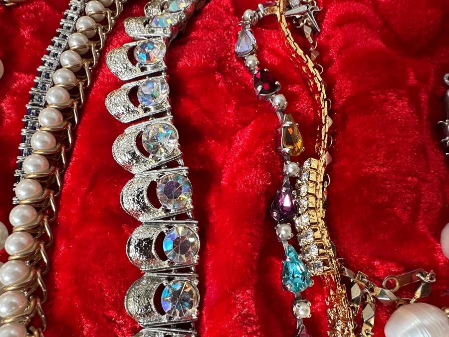 Just Added - Assortment Of Costume Jewelry Bracelets - Includes Gold Painted Wooden Display Case 25W X 14D X 4H [Photo 6]