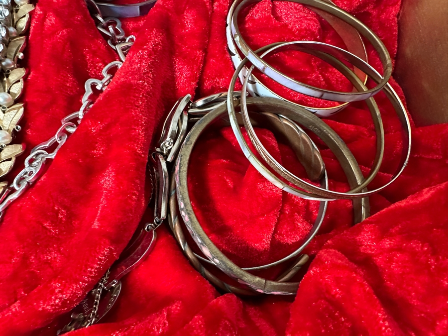 Just Added - Assortment Of Costume Jewelry Bracelets - Includes Gold Painted Wooden Display Case 25W X 14D X 4H [Photo 11]