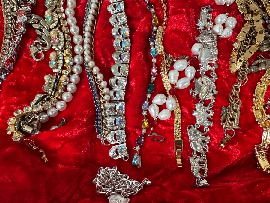 Just Added - Assortment Of Costume Jewelry Bracelets - Includes Gold Painted Wooden Display Case 25W X 14D X 4H [Photo 5]