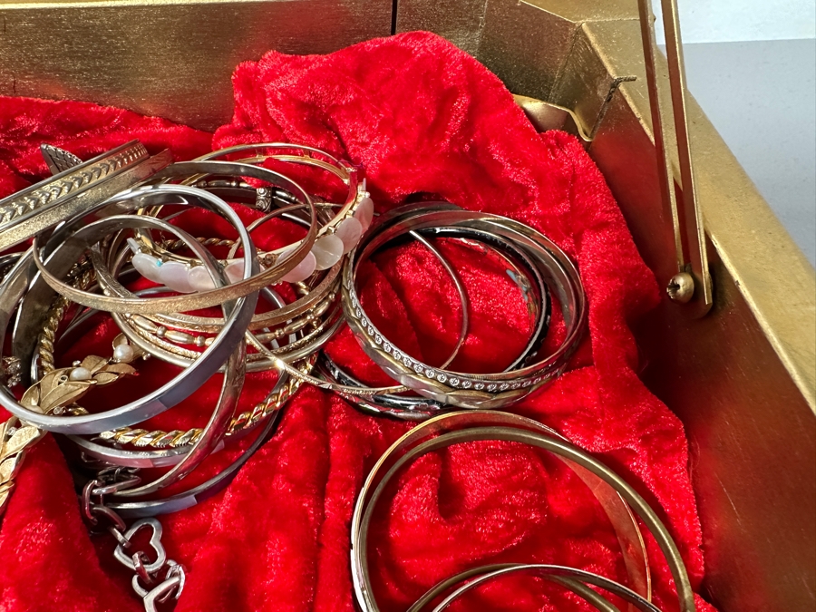 Just Added - Assortment Of Costume Jewelry Bracelets - Includes Gold Painted Wooden Display Case 25W X 14D X 4H [Photo 12]